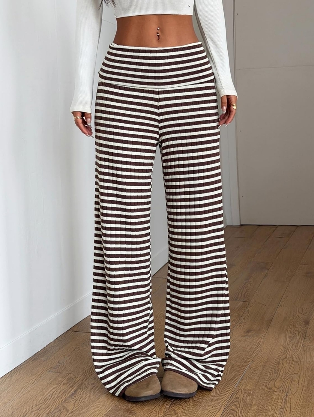 NWOT Zaful Brown White Striped Wide-Leg Y2K Retro Ribbed Knit Foldover Pants XL